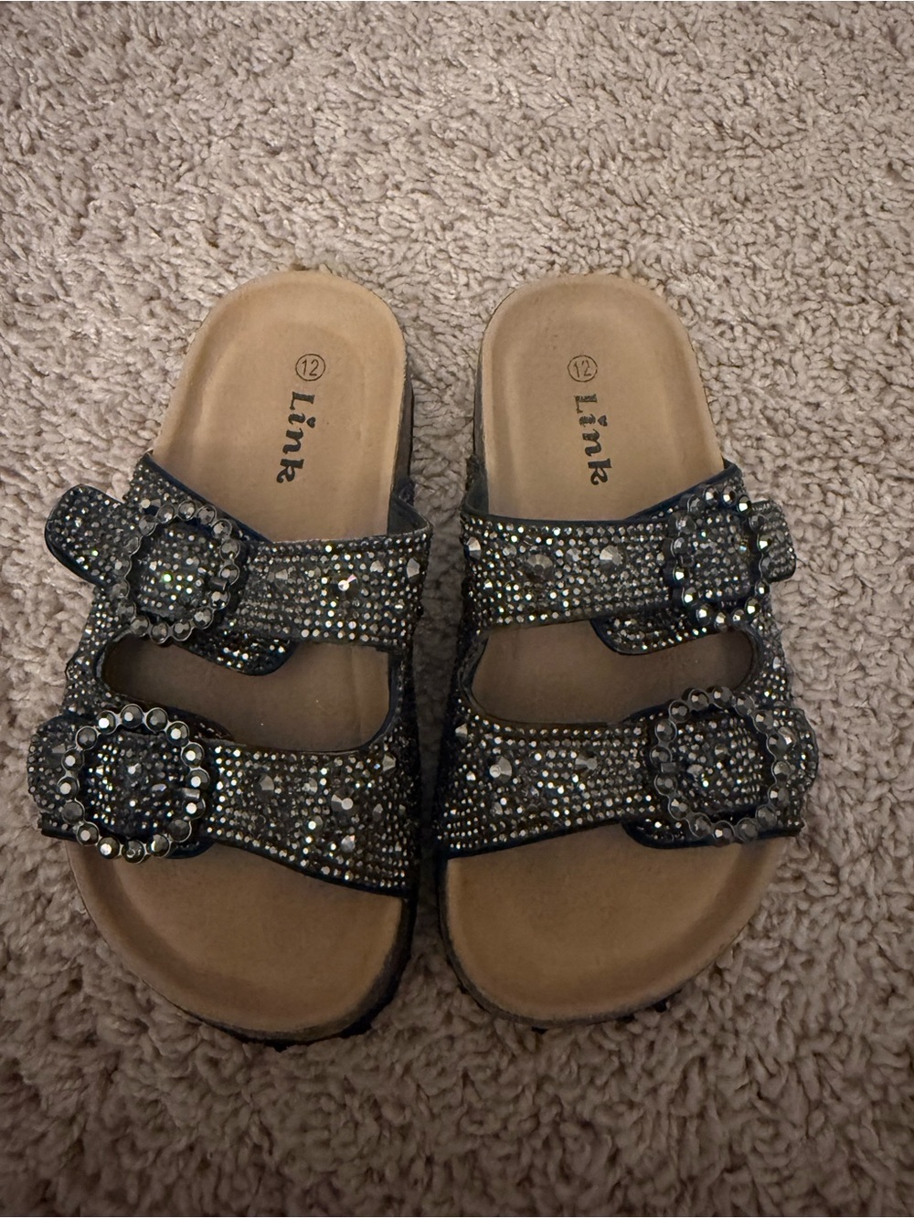 Link Black Rhinestone Double-Buckle Slide Sandals